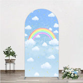 Aperturee - Aperturee Watercolor Rainbow in the Sky Arch Backdrop Pastel Clouds and Stars Baby Shower or Birthday Photo Booth Decor